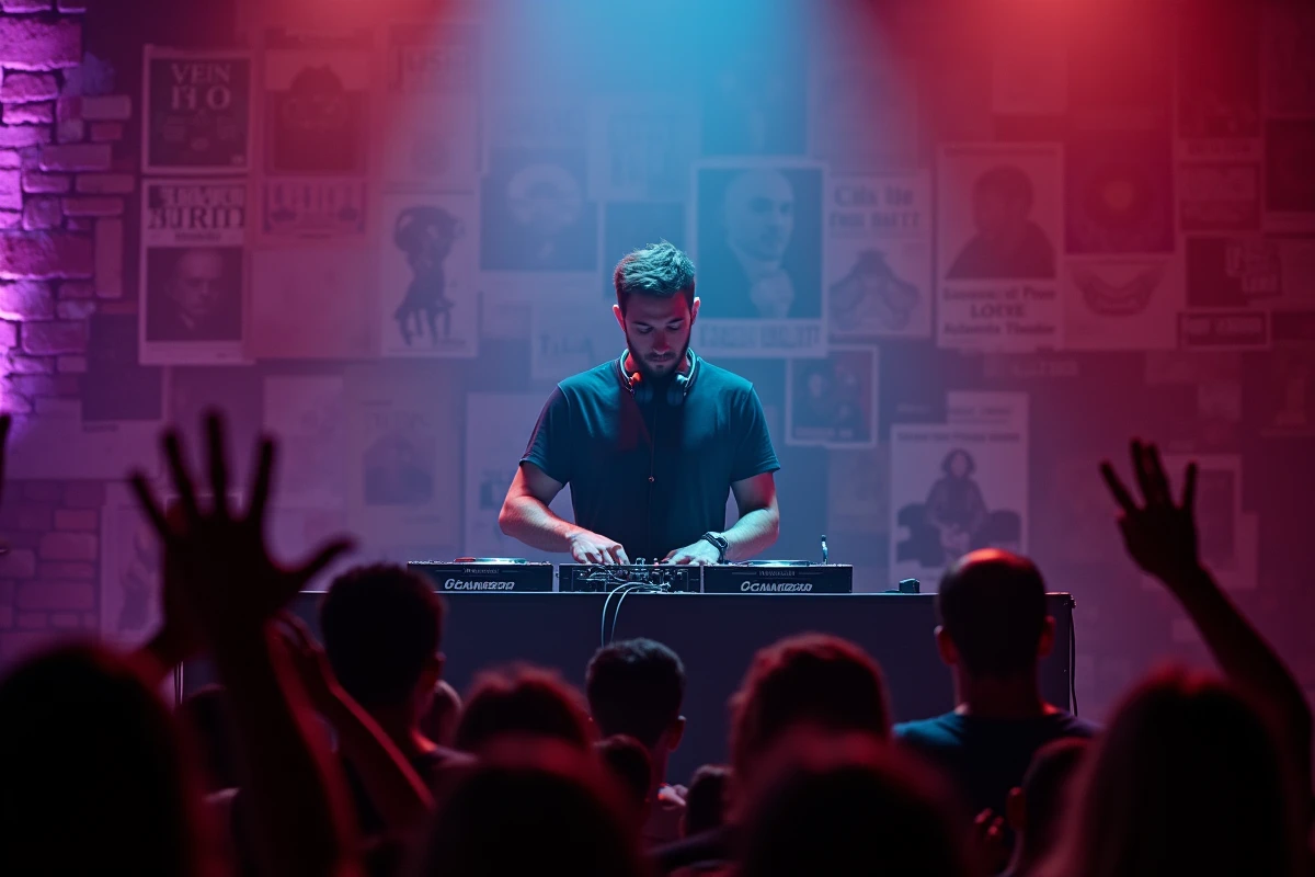DJ parisien en pleine performance dans un club techno ouvert toute la nuit en 2026