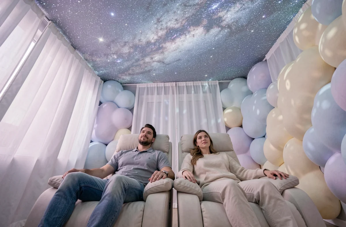 Deux joueurs allongés dans des fauteuils inclinables sous un plafond étoilé projeté dans l'escape room immersive DreamAway à Mulhouse