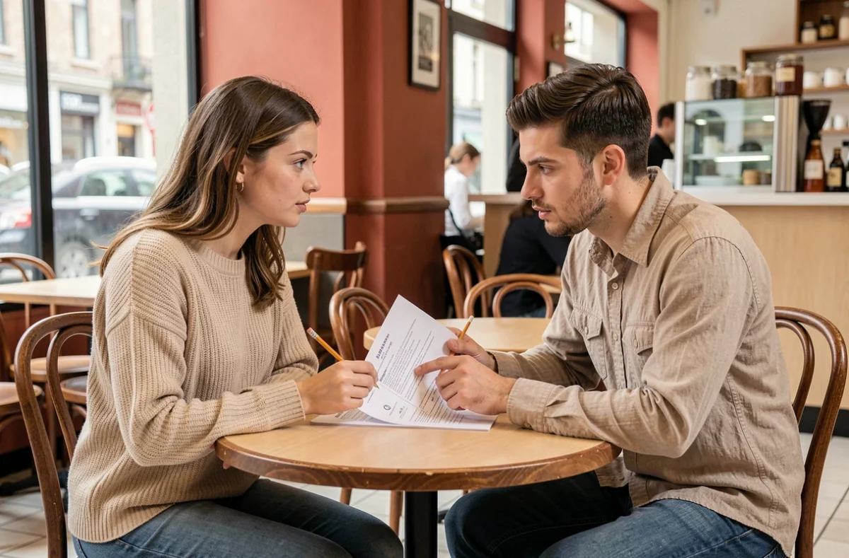 Deux jeunes adultes analysant ensemble un CV et une lettre de motivation dans un café, conseils pour éviter les erreurs de candidature en animation jeunesse