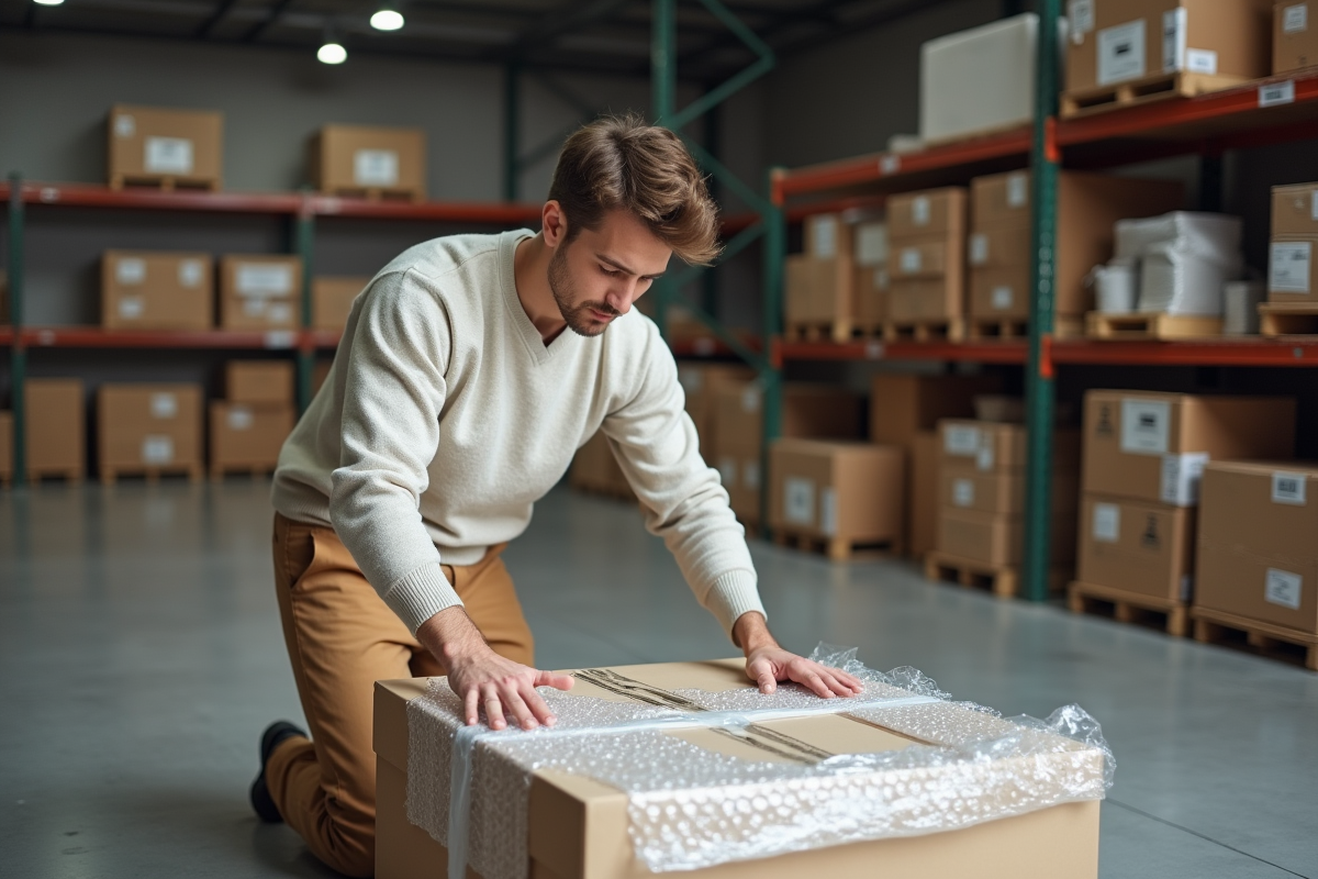 Jeune homme préparant un colis avec du papier bulle dans un entrepôt