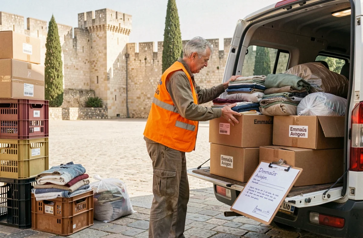 Bénévole Emmaüs Avignon chargeant des boîtes de collecte devant les remparts historiques d'Avignon en Vaucluse