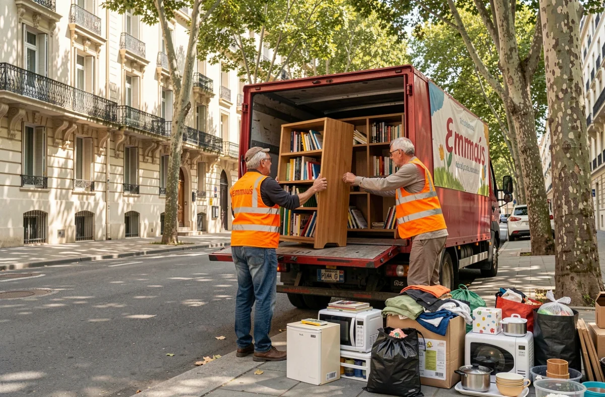 Bénévoles Emmaüs Marseille chargeant des dons de meubles sur un camion de collecte dans une rue résidentielle