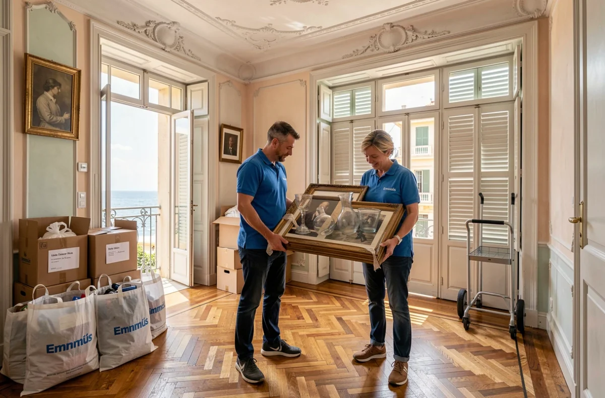Bénévoles Emmaüs Nice récupérant des objets dans un appartement Belle-Époque avec vue sur la Méditerranée