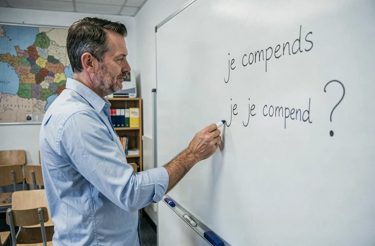 Enseignant debout devant un tableau blanc montrant la différence orthographique entre je comprends et je comprend dans une salle de classe
