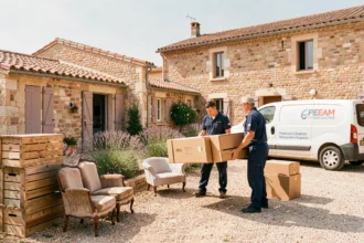 Équipe de débarras professionnelle devant une maison provençale en pierre avec van utilitaire et mobilier sorti sur le gravier