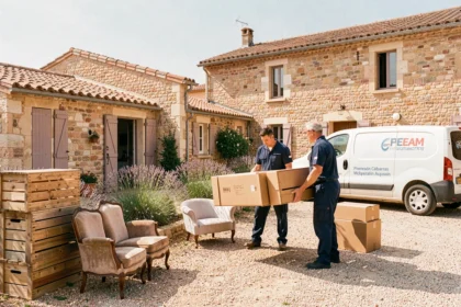 Équipe de débarras professionnelle devant une maison provençale en pierre avec van utilitaire et mobilier sorti sur le gravier