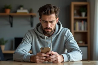 Homme utilisant un smartphone pour envoyer un SMS anonyme depuis son bureau à domicile