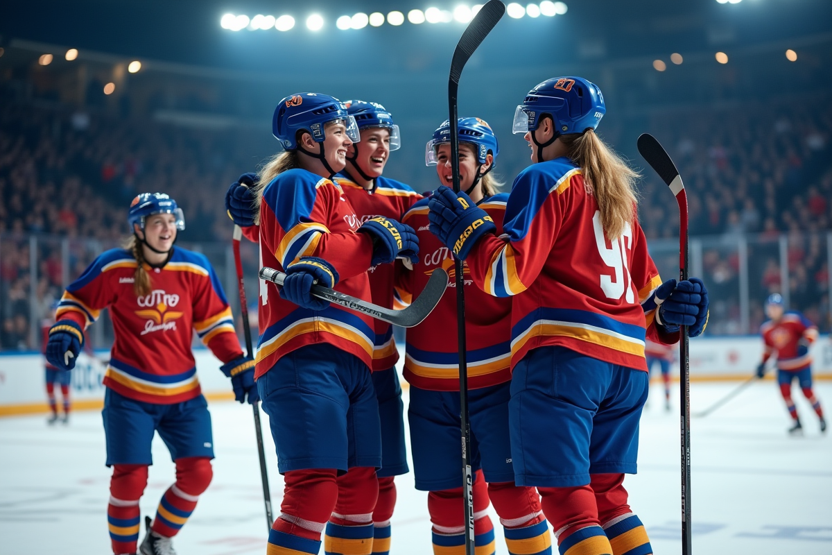 Equipe féminine de hockey sur glace en célébration