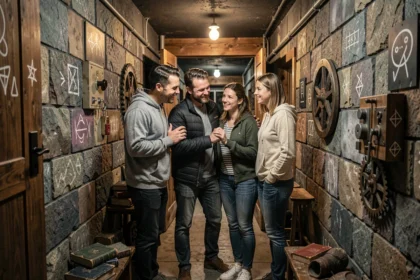 Groupe de joueurs adultes dans un couloir d'escape game mystérieux avec décorations vintage et symboles cryptiques dans le Haut-Rhin