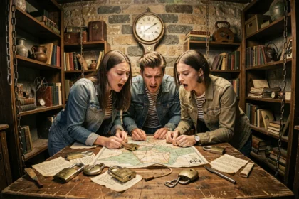 Groupe de joueurs concentrés autour d'indices dans une salle d'escape game parisienne aux murs en pierre