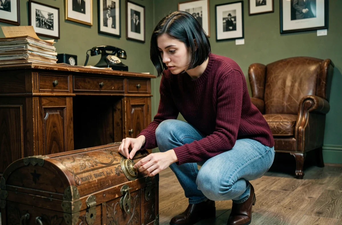 Joueuse examinant un coffre verrouillé dans un escape room thématique style années 1920 en Île-de-France