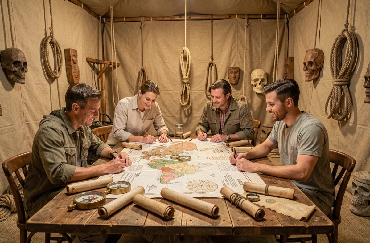 Quatre joueurs collaborant autour d'une table d'explorateur avec cartes et parchemins chez Escape Yourself à Colmar