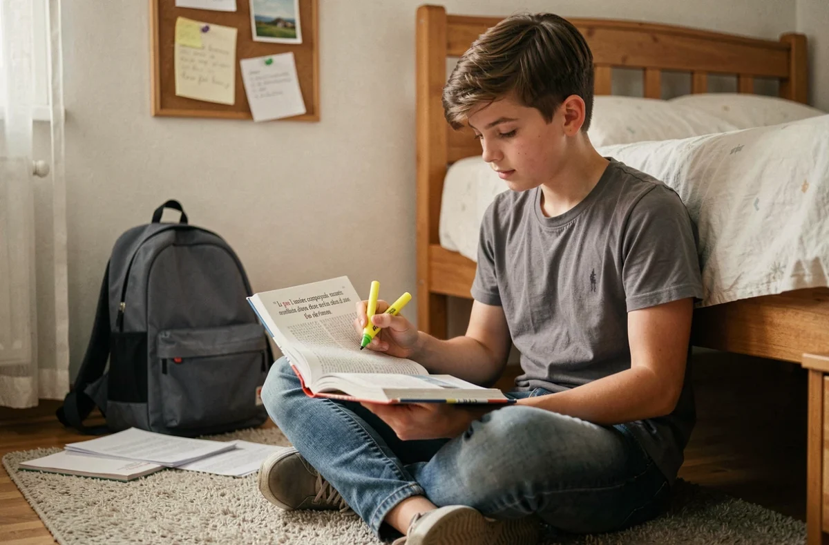Adolescent assis par terre dans sa chambre en train de surligner une règle d'orthographe dans un manuel scolaire de français