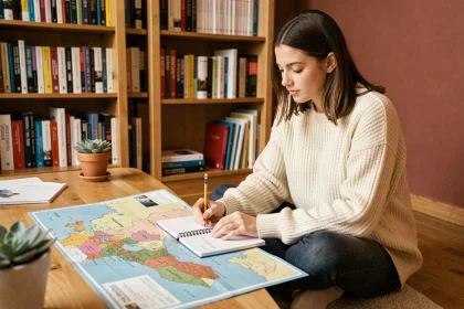Jeune femme étudiant l'espagnol avec une grande carte des pays hispanophones étalée sur le sol