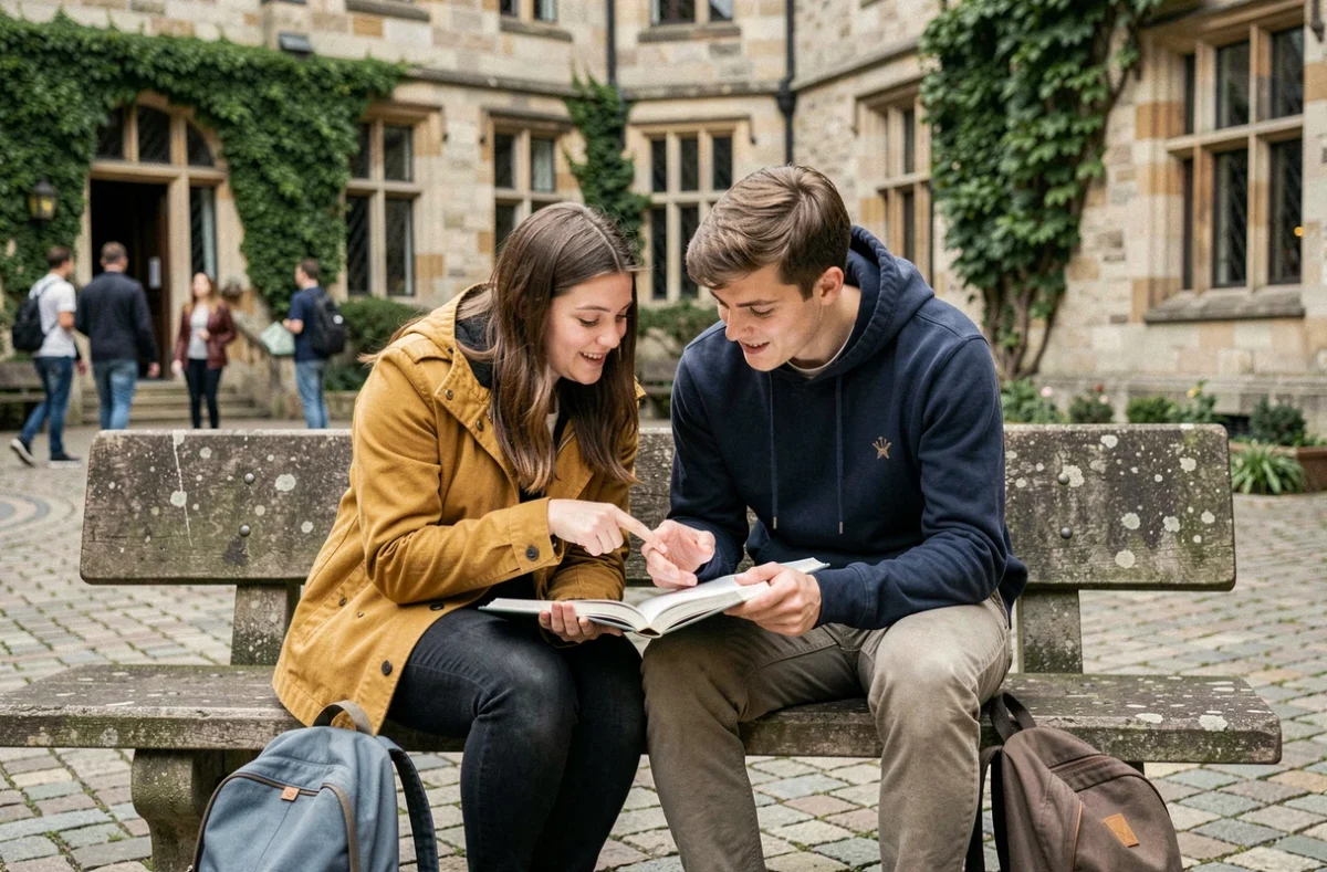 Deux étudiants universitaires discutant d'une règle de grammaire française sur un campus européen en plein air