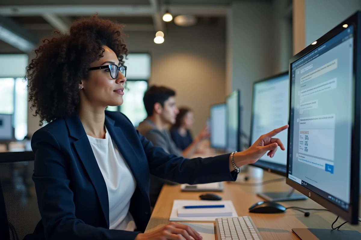 Professionnelle montrant des erreurs sur un écran de tutoriel dans un espace de coworking, illustrant comment éviter les erreurs sur Wodioz