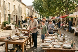 Famille avec enfants qui chine sur un vide-grenier en plein air dans les Yvelines le week-end