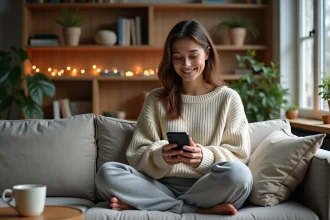 Femme souriante lors d'un appel vidéo romantique à distance pour la Saint-Valentin, assise sur un canapé cosy avec un smartphone