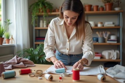 Femme choisissant des accessoires de couture dans son atelier