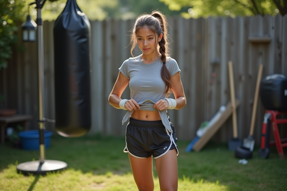 Jeune femme attache ses gants de boxe dans un jardin