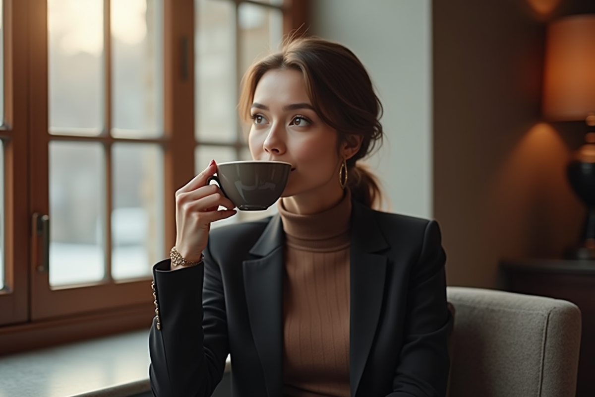 Femme sophistiquée buvant un café près de la fenêtre en hiver