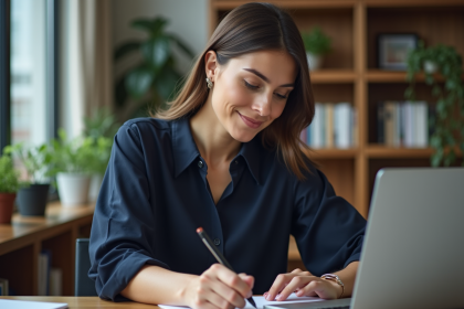 Femme concentrée dans son bureau à domicile avec ordinateur