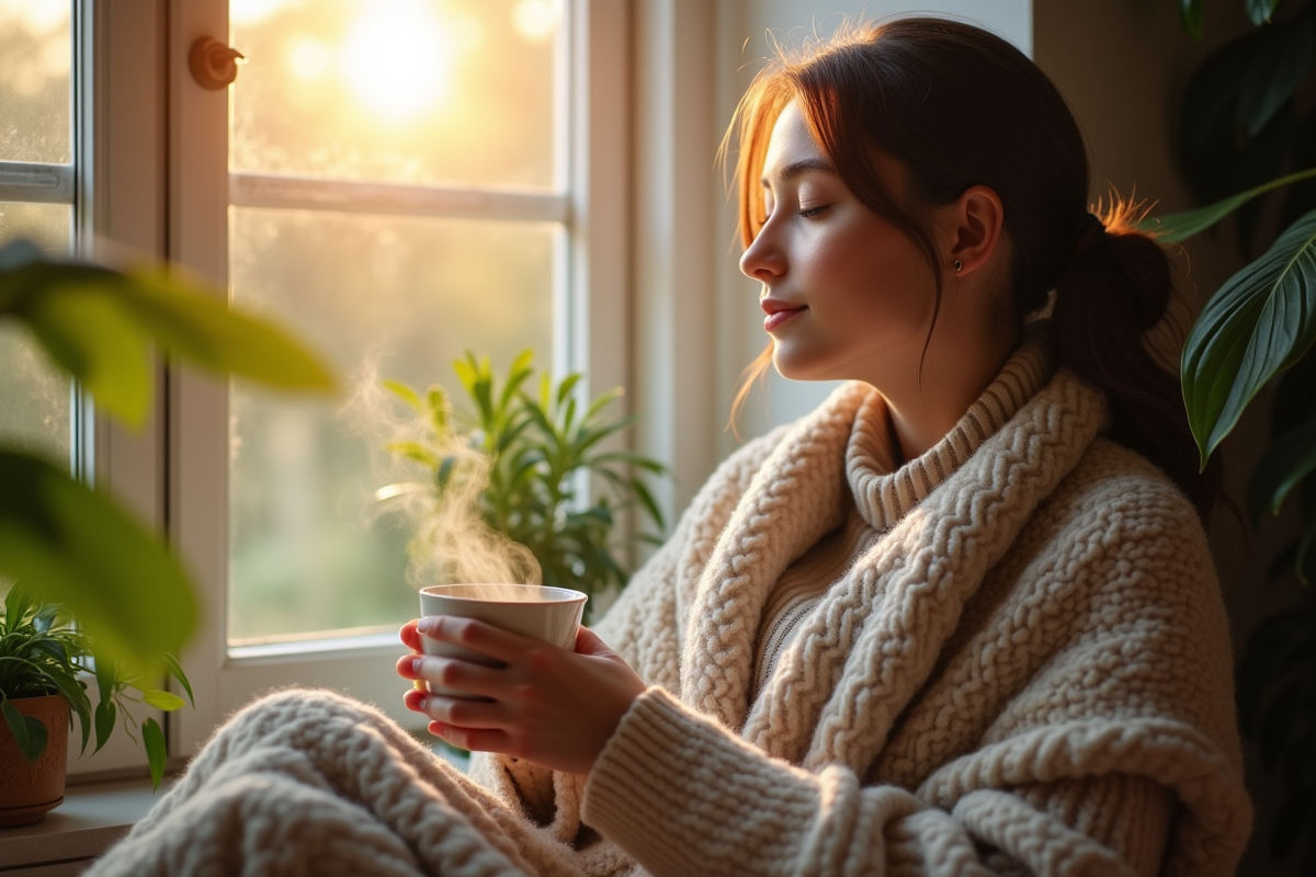 Femme assise près d'une fenêtre ensoleillée avec un thé