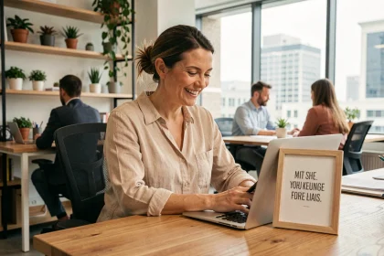 Femme professionnelle souriante lisant une citation motivante sur son bureau en bois dans un bureau moderne lumineux
