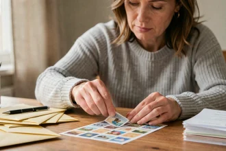 Femme collant un timbre postal sur une enveloppe à son bureau à domicile