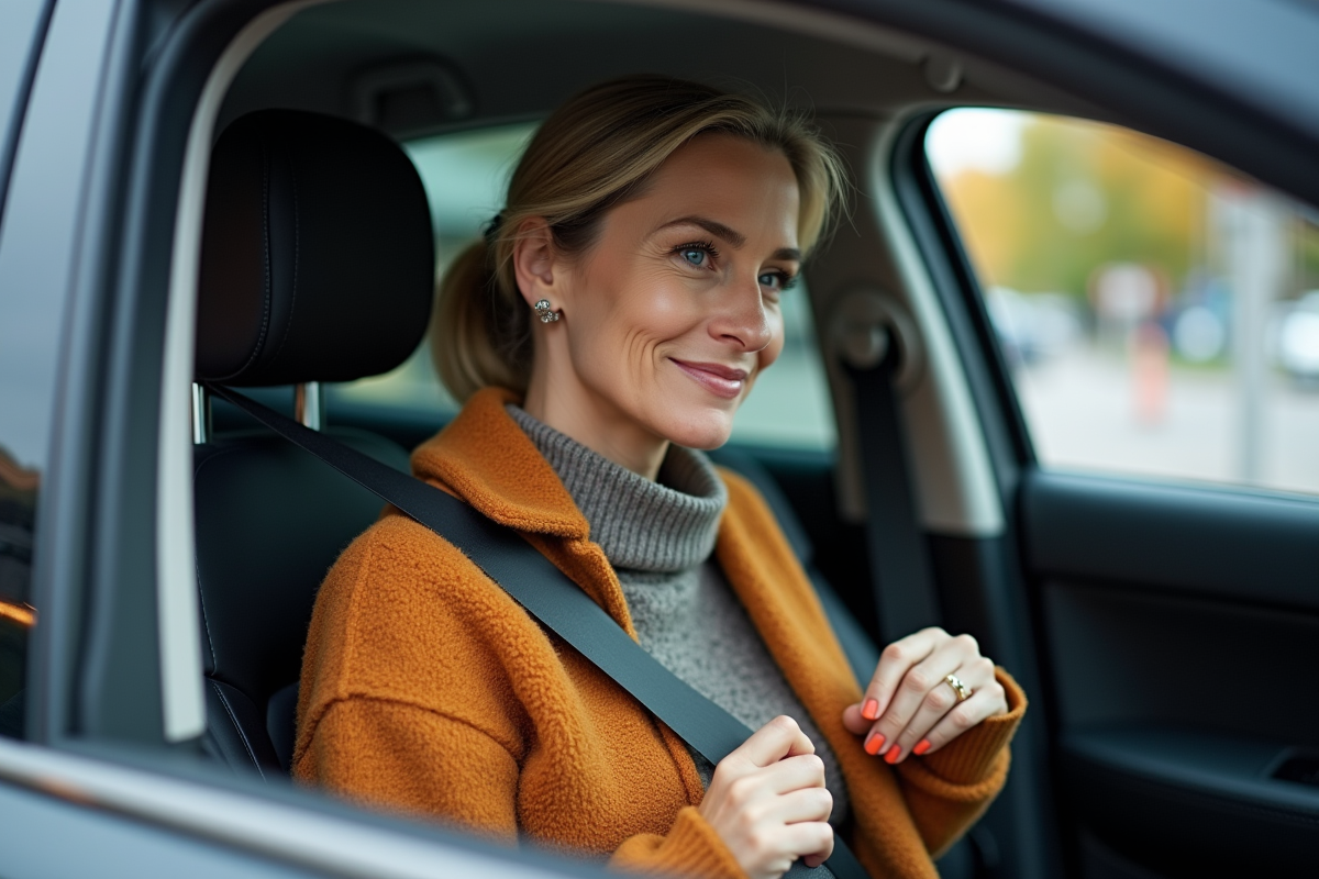 Femme au volant attachant sa ceinture de sécurité dans une voiture moderne
