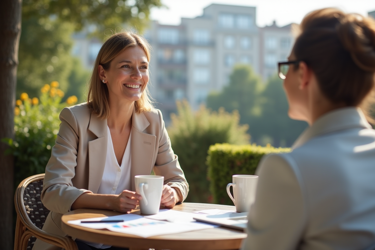 Femme en blouse pastel discute avec conseiller financier au café