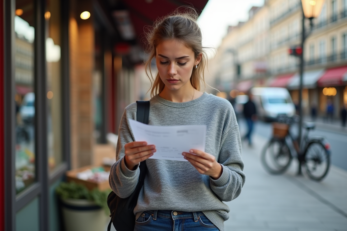 Jeune femme française regardant un ticket de caisse devant un magasin