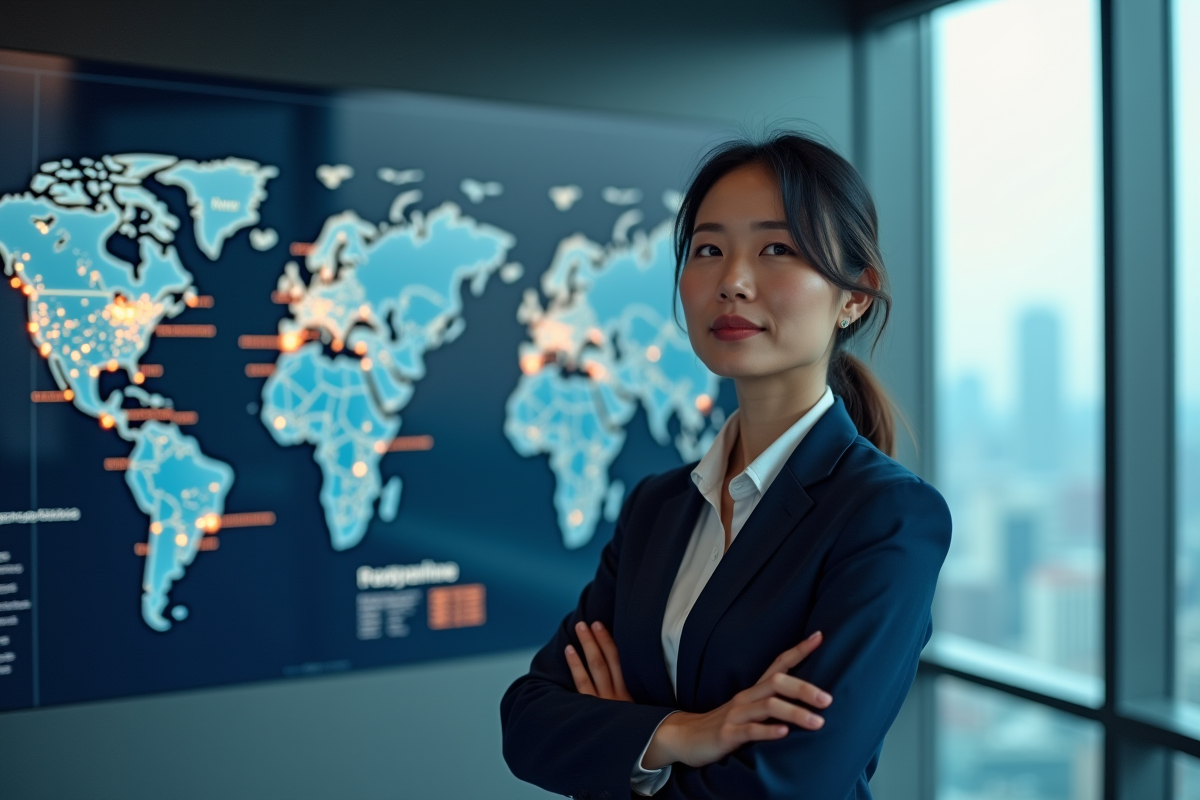 Femme d'affaires asiatique devant une carte digitale mondiale