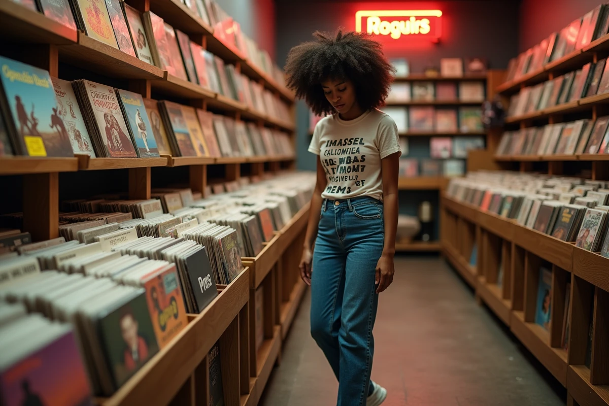 Femme parcourant des vinyles dans un magasin de musique indépendant avec des albums de pop, rock, rap et R&B