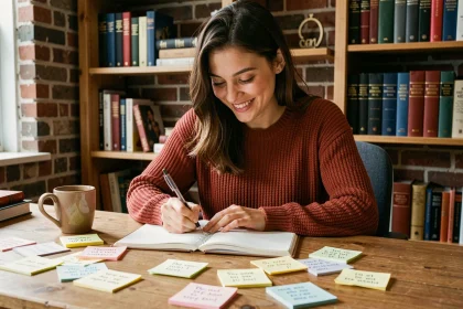 Jeune femme souriante qui écrit des rimes dans un carnet sur un bureau en bois entouré de notes et de dictionnaires dans un bureau cosy
