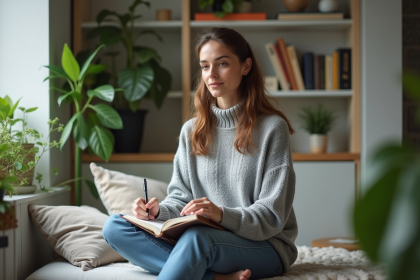 Femme assise écrivant dans un salon lumineux et moderne
