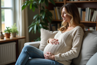 Femme enceinte souriante dans un salon chaleureux