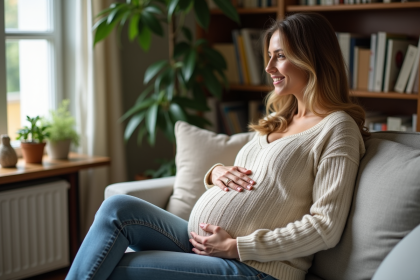 Femme enceinte souriante dans un salon chaleureux