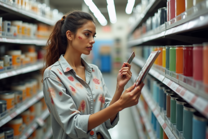 Femme choisissant des échantillons de peinture dans un magasin