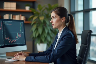 Femme en blazer navy analysant des graphiques financiers