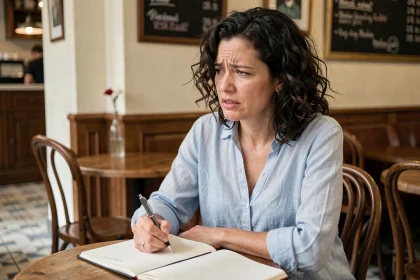 Femme réfléchissant à une règle de grammaire française dans un café parisien, stylo à la main devant un carnet ouvert