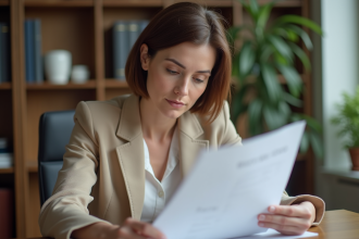 Femme d'âge moyen examinant des documents immobiliers en bureau