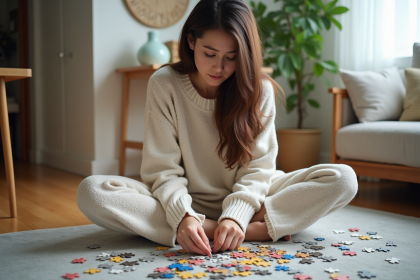 Jeune femme en loungewear assemble un puzzle dans un salon lumineux