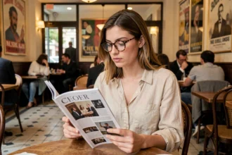 Jeune femme française lisant un magazine culturel dans un café parisien, ambiance éditoriale authentique