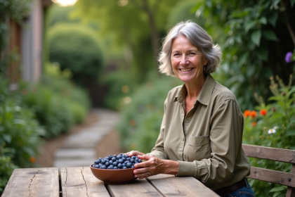Femme d'âge moyen souriante avec des bleuets dans un jardin