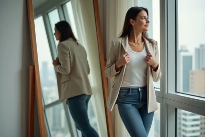 Femme élégante ajustant un blazer dans un intérieur moderne