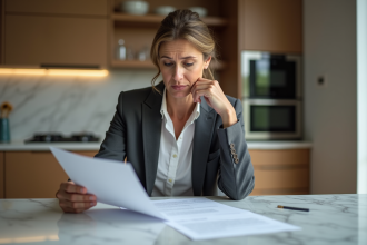 Femme d'affaires examinant des documents de prêt immobilier