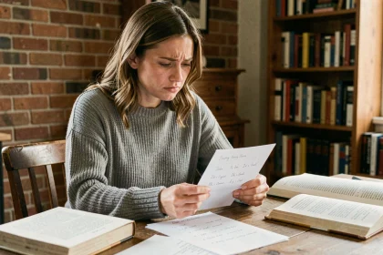 Femme relisant une note manuscrite avec une expression perplexe, entourée de livres de grammaire française ouverts sur un bureau en bois