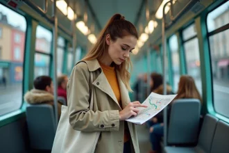 Femme consultant un plan de ligne de tram à Nantes à l'intérieur du tramway