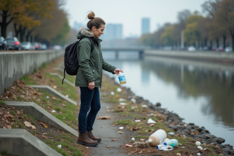 Femme regardant une bouteille en plastique sur la berge polluée